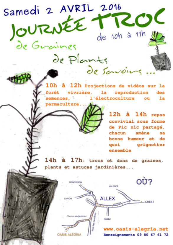 Troc de graines, troc de savoirs naturels, échanges permaculture, électroculture, jardin forêt, Allex Drôme